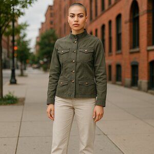 army green utility jacket mock neck snaps epaulettes sz medium Point Zero